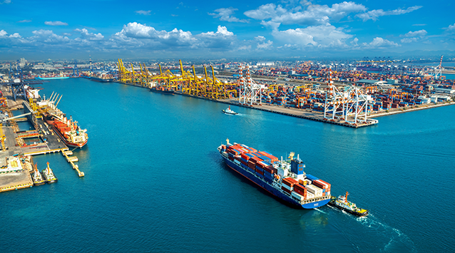 Container ship at port for imports